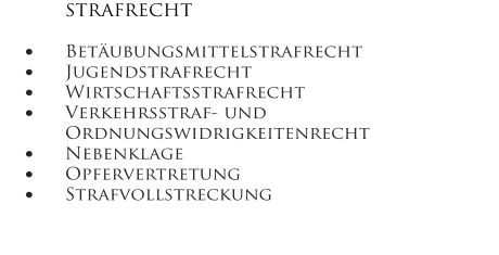 STRAFRECHT  •	Betäubungsmittelstrafrecht •	Jugendstrafrecht •	Wirtschaftsstrafrecht •	Verkehrsstraf- und Ordnungswidrigkeitenrecht  •	Nebenklage •	Opfervertretung •	Strafvollstreckung